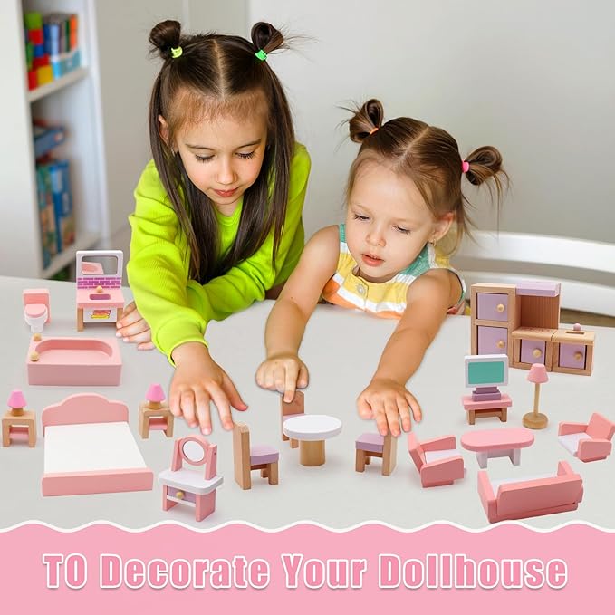 Wooden Dollhouse Furniture Set, 22 Pcs Miniature Doll House Accessories,4 Rooms Wood Pink Dollhouse Accessories Pretend Play Furniture Toys for for Kids Boys Girls Age 3