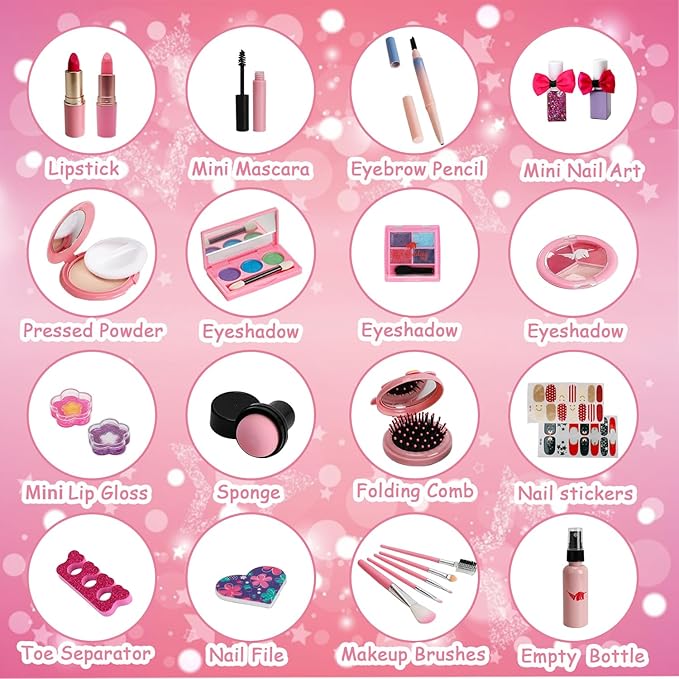 Kids Washable Makeup Girl Toys - Kids Makeup Kit for Girl, Real Make Up Set, Little Girls Makeup Kit for Toddler Kid Children Princess, Christmas Birthday Gift Toys for Girl 4 5 6 7 8 9 10 Year Old