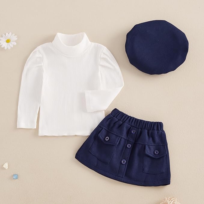 Fernvia Toddler Baby Girl Fall Winter Skirt Set Turtleneck Ribbed Long Sleeve T-Shirt Top & Plaid Skirts Dress 2Pcs Outfits