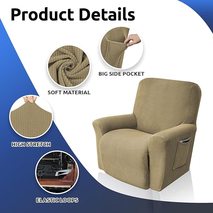 KEKUOU Recliner Chair Covers Lazy Boy Recliner Covers Stretch Couch Cover Slipcovers 1 Piece Furniture Protector with Elastic Bottom for Dog,Kids.(Recliner, Tan)
