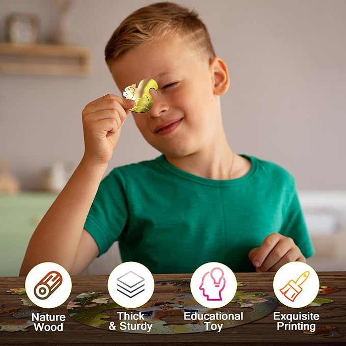 Wooden Jigsaw Puzzles for Kids Ages 4-6, 50 Piece Unique Shape Animal Theme Puzzle - Preschool Learning Educational Toys for Kids 3+, Valentines Day Easter Gifts for Kids Girls Boys (Squirrel)
