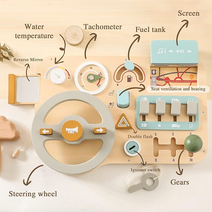 Wooden Montessori Steering Wheel Sensory Activity Board for 1-4 Year Olds, Fine Motor Skills, Travel Busy Board Educational Toys for Boys and Girls