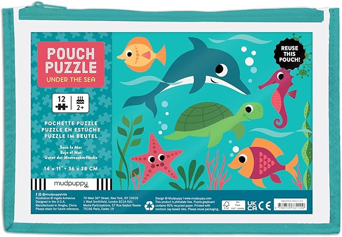 Mudpuppy Under the Sea – 12 Piece Puzzle with Reusable Zipper Pouch Featuring Colorful and Fun Illustrations of Ocean Creatures Perfect for Easy Storage and Travel