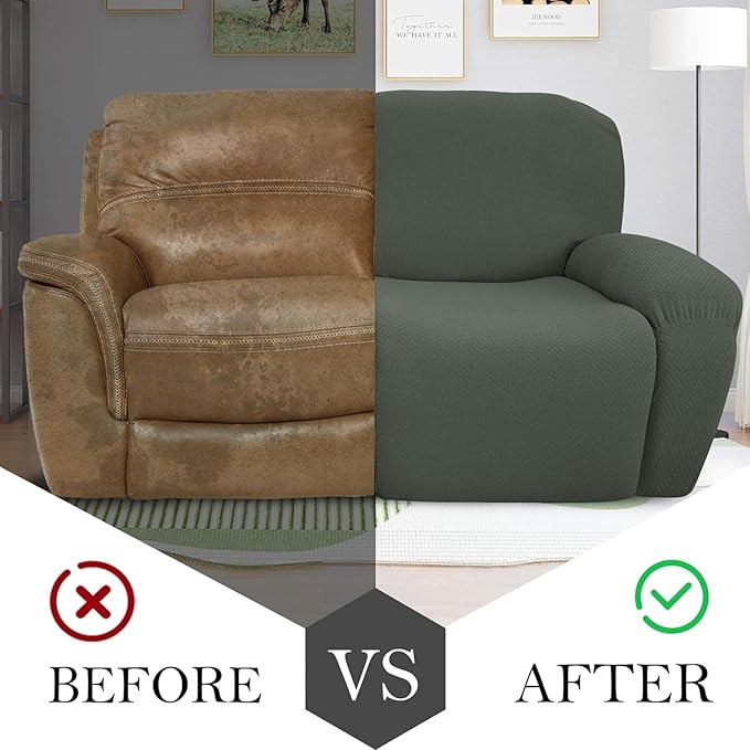 JIVINER 6-Piece Loveseat Recliner Slipcover Stretch Jacquard Recliner Sofa Cover 2 Seater Washable Reclining Couch Cover with Pocket Fitted Furniture Protector Cover (Loveseat Recliner, Army Green)