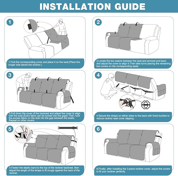 TAOCOCO 100% Waterproof Recliner Sofa Covers 3 Seater Split Couch Covers for 3 Cushion Reclining Couch with Straps, Non Slip Reclining Sofa Covers Furniture Protector for Kids Pets(3 Seater, Sky Blue)
