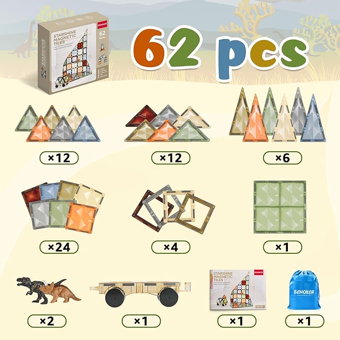 3D Magnetic Tiles, STEM Learning and Encourage Imaginative Play Magnetic Blocks, Preschool Puzzle Magnetic Toys with Dinosaur, Gift for Boys and Girls 3 4 5 6 7 8 Years+