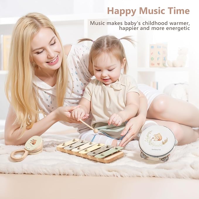 Baby Musical Instruments Set Wooden Montessori Musical Toys for Toddlers Neutral Colors Percussion Instruments Set with Modern Boho Xylophone Tambourine Educational Musical Toys for Preschool Kids