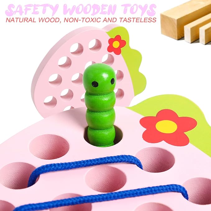 Wooden Lacing Toys for Toddlers, Baby Toys Strawberry Threading Toys Learning Fine Motor Skills,Montessori Sensory Educational Toys Wooden Block Puzzle Travel Toys for 1 2 3 Years Old Baby Boys Girls