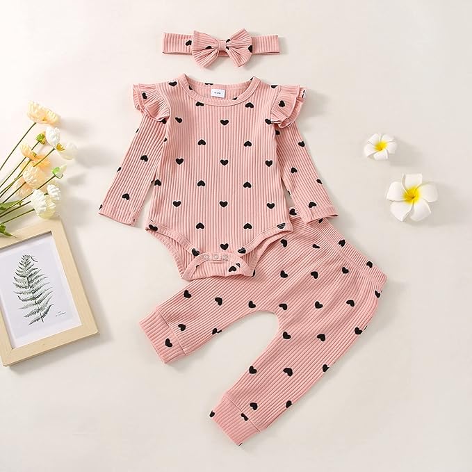 Baby Girl Clothes Newborn Infant Fall Winter Outifts Ribbed Ruffle Long Sleeve Romper Pant Outfit Set 3pcs 0-18Months