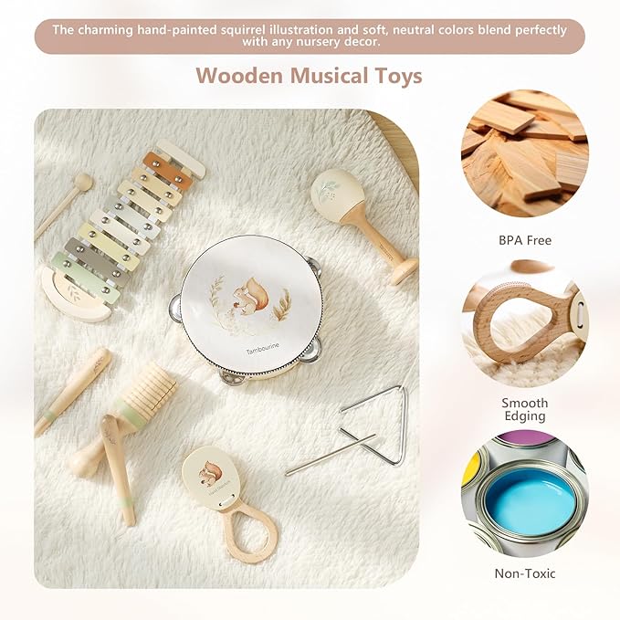 Baby Musical Instruments Set | Montessori Musical Toys for Toddlers 1-3 | Wooden Neutral Colors Percussion Instruments Set with Modern Boho Xylophone | Kids Preschool Educational Birthday Gifts