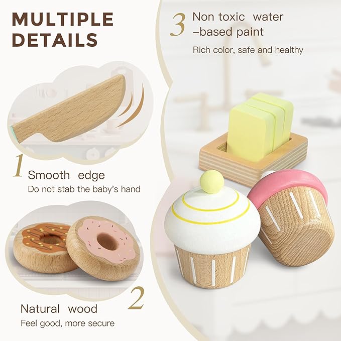 17 PCS Wooden Bakery Toy Food Playset for Kids, Pretend Picnic Play Food for Toddlers 3+, Play Kitchen Accessories with Shopping Bag, Cutting Food Toys, Gift for Girls Boys and Girls