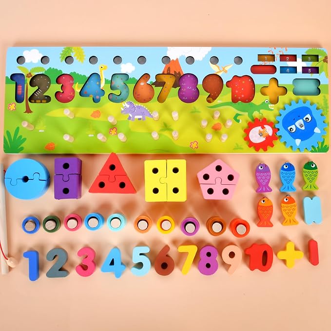 Wooden alphanumeric Shapes Jigsaw Ring Count Classification Toys Math Shapes Building Blocks Toddler Learning Playboard Math Fishing Educational Toys Montessori Educational Toys (color4)