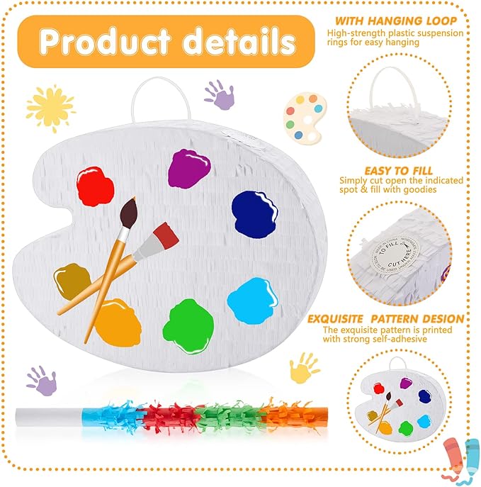 15.7 Inch Art Palette Piñata Small Paint Art Piñata with Piñata Stick Confetti Blindfold for Boys Girls Birthday Party Art Painting Party Favors Classroom Prizes Stocking Stuffers Paint Party Supplies