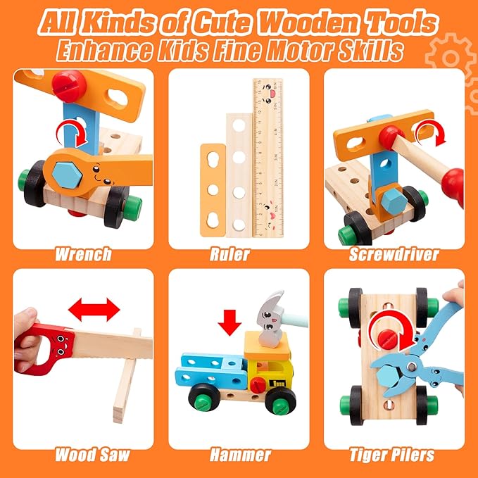 56 Pcs Kids Tool Set for Toddlers, Montessori Educational STEM Toys, Construction Learning Toys with Tool Box, Wooden Building Kit for 3 4 5 6 7 8 9 10 Years Old Boys Girls Birthday Gifts