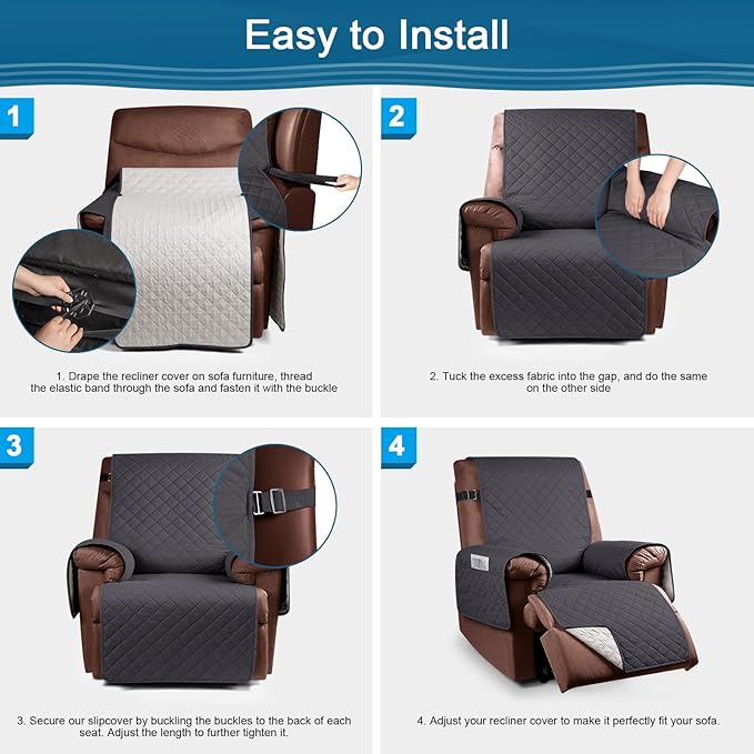 KinCam 100% Waterproof Recliner Chair Cover, Reclining Couch Covers for Pets, Dogs, Recliner Couch Slipcover Furniture Protector with Elastic Straps for Kids(30", Charcoal Gray)