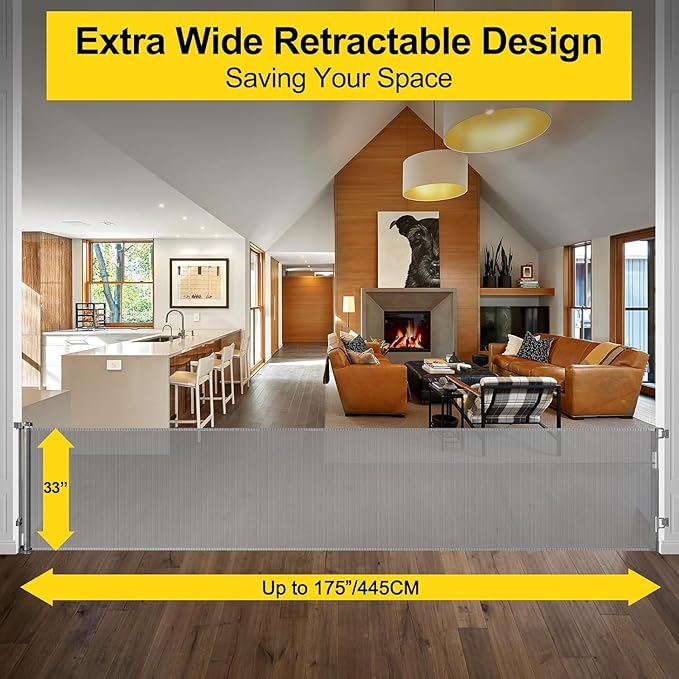 175 Inch Extra Wide Retractable Dog Gates 33" Tall Retractable Baby Gates for Wide Openings Extra Long Mesh Baby Gate Super Wide Gate for Kids or Pets Extra Large Dog Gate for Indoor Outdoor (Grey)