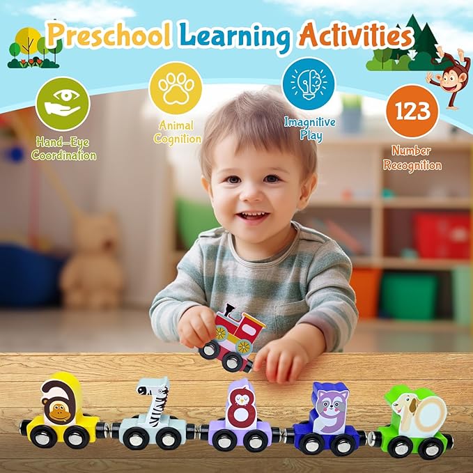 Toddlers Toy for 1 2 3 Years Old Boys Girls, 12 Magnetic Wooden Animal Digital Train Set with Storage Bag,Montessori Toys for 2-3 Years Old Toddlers, Christmas Birthday Easter Gift for Baby Toddlers