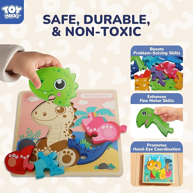 TOY Life Wooden Puzzles for Toddlers 2-4, 12 Pack Dinosaurs Puzzles for Kids Toddler 1-3, Montessori Toys for 1 2 3 Year Old, Educational Toys for Boys Girls Age 2 3 4 5, Baby Learning Toy Gifts