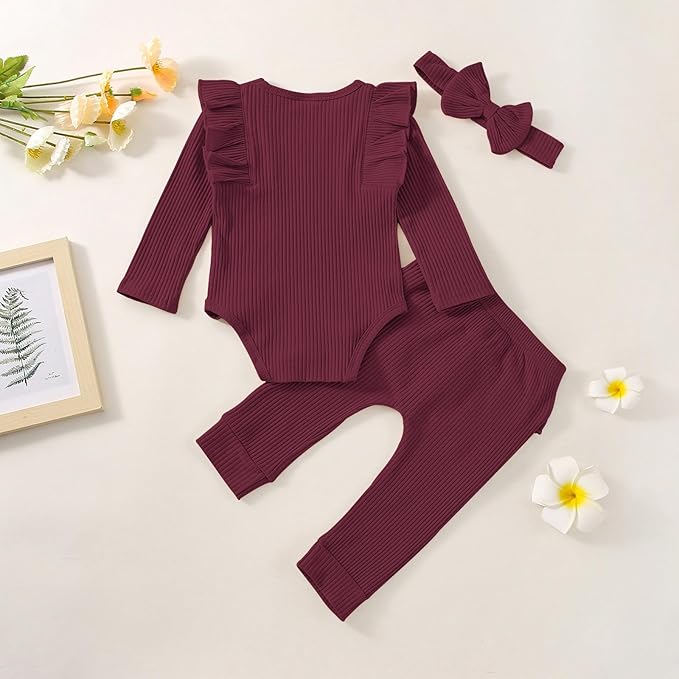 Baby Girl Clothes Newborn Infant Fall Winter Outifts Ribbed Ruffle Long Sleeve Romper Pant Outfit Set 3pcs 0-18Months