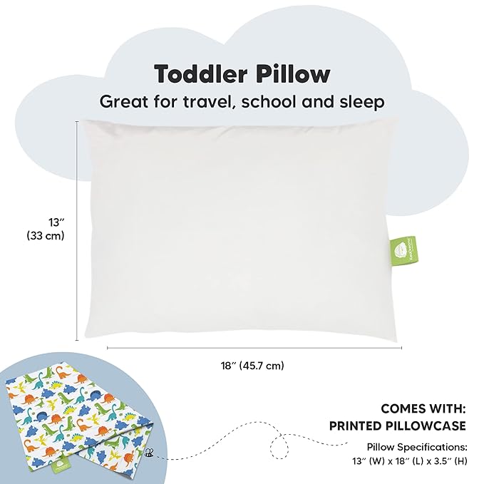 Toddler Pillow with Pillowcase - 13x18 My Little Dreamy Pillow, Organic Cotton Toddler Pillows for Sleeping, Kids Pillow, Travel Pillows, Mini Pillow, Nursery Pillow, Toddler Bed Pillow (Happy Dino)