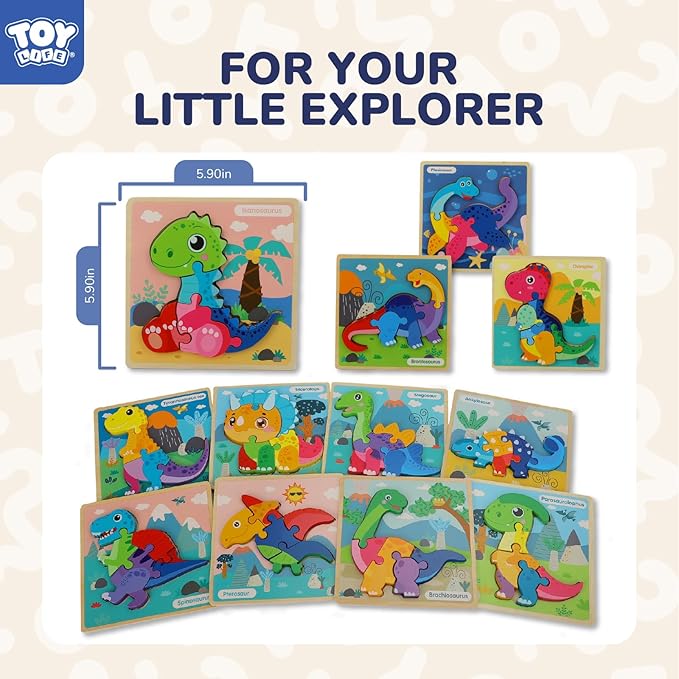 TOY Life Wooden Puzzles for Toddlers 2-4, 12 Pack Dinosaurs Puzzles for Kids Toddler 1-3, Montessori Toys for 1 2 3 Year Old, Educational Toys for Boys Girls Age 2 3 4 5, Baby Learning Toy Gifts