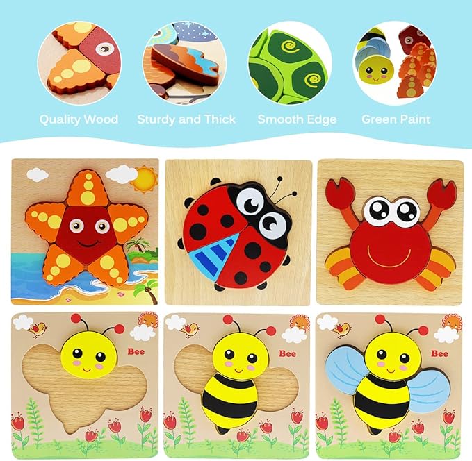 Montessori Toys for 1 2 3 Year Old Boys Girls Wooden Toddler Puzzles Kids Infant Baby Educational Learning Toys for Toddlers 1-3 Gifts 6 Animal Shape Jigsaw Eco Friendly Travel STEM Building Toy Games