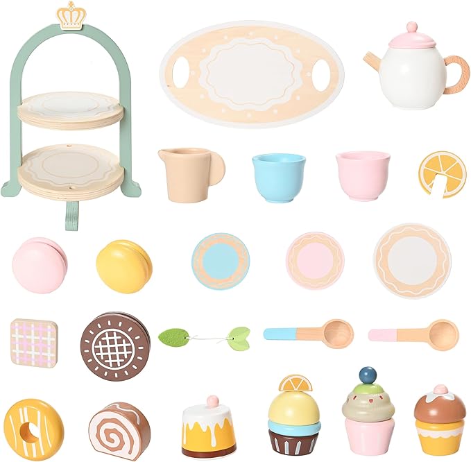23pcs Wooden Tea Set for Little Girls, Toddler Tea Set Wooden Toys Play Kitchen Accessories with Cupcake Stand and Tray, Kids Tea Party Set Pretend Play Food Birthday Gift Playset
