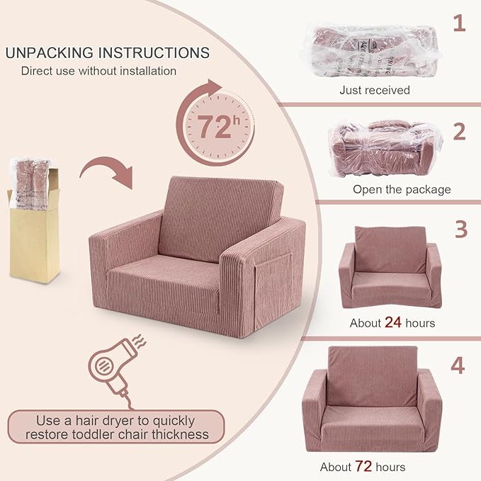 Toddle & Kids Chair,2-in-1 Soft Toddler Couches That Fold Out,Toddler Chairs Comfy 1-3 Years Old,Convertible Sofa to Lounge,Pink