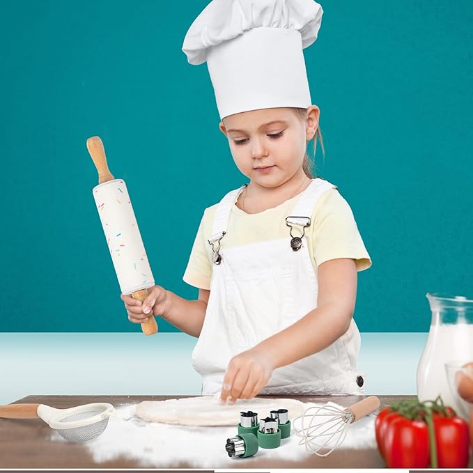 17 PCS Kids Knife Set for Real Cooking, Montessori Kitchen Tools for Toddlers, Cooking and Baking Set for Kids Little Chefs, Crinkle Cutter, Cutting Board, Safe Knife