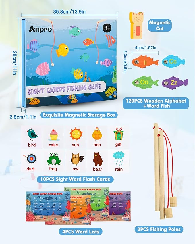 Anpro Wooden Magnetic Fishing Sight Words Game Learning, Alphabet Puzzle Flashcards Montessori Toys with 2 Play Modes, Homeschool Sight Word Educational Toy for Preschool 3 4 5 Year Old Kids