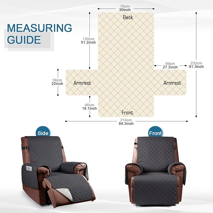 KinCam 100% Waterproof Recliner Chair Cover, Reclining Couch Covers for Pets, Dogs, Recliner Couch Slipcover Furniture Protector with Elastic Straps for Kids(30", Charcoal Gray)