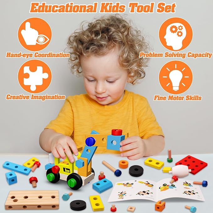 56 Pcs Kids Tool Set for Toddlers, Montessori Educational STEM Toys, Construction Learning Toys with Tool Box, Wooden Building Kit for 3 4 5 6 7 8 9 10 Years Old Boys Girls Birthday Gifts