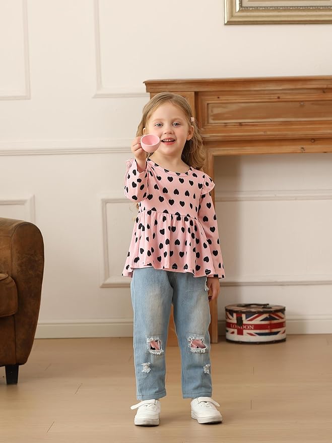 Mioglrie Toddler Baby Girl Clothes 2T 3T 4T 12 18 24 Months Toddler Fall Winter Girls Outfit Jeans Pants Clothing Set