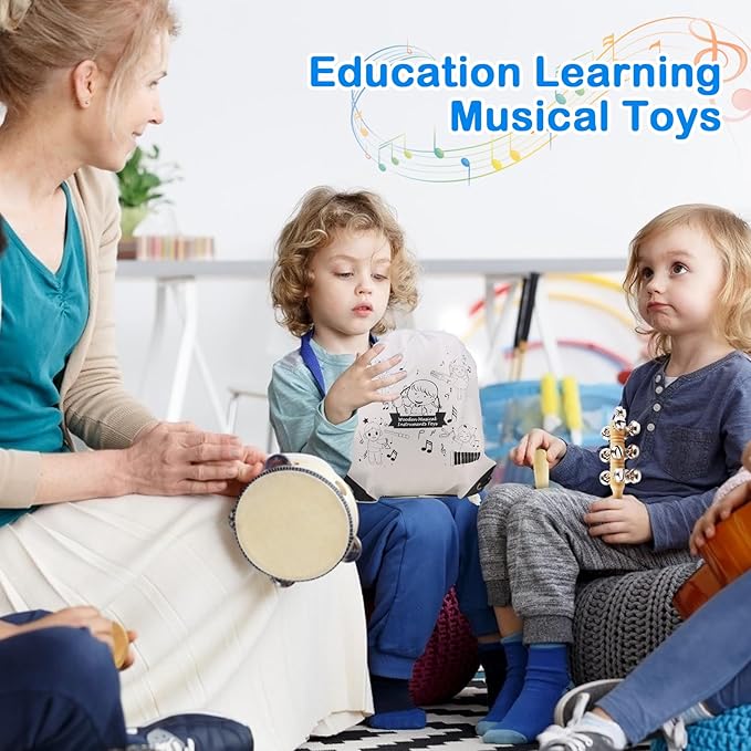 Chriffer Kids Musical Instruments Toys, Percussion Instruments Set with Storage Bag, Preschool Educational Music Toys for Boys Girls, Natural Eco-Friendly Wooden Music Set (10pcs)