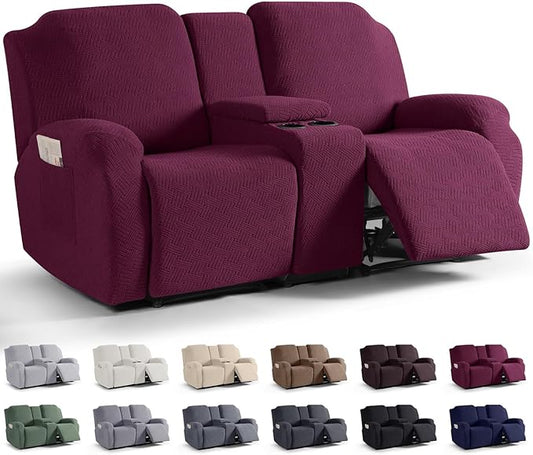 KinCam Loveseat Recliner Covers with Middle Console Slipcover, Recliner Sofa Covers 2 Seat Couch Cover Stripe Jacquard Furniture Protector Covers with Elastic Bottom for Kids, Pets (Burgundy)