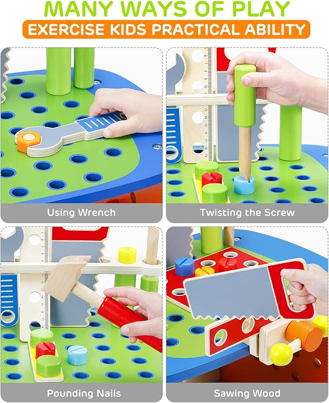 Ohuhu Kids Tool Set: 89Pcs Wooden Toddler Tool Workbench Toy Set with Construction Learning Educational Bench Play Toys for Boys Girls Age 3 4 5 6 7 Birthday