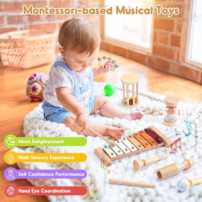 Musical Toys for Toddlers, Montessori Toys for Ages 0+, Wooden Musical Instruments Baby Toys for 1st Birthday, Music Preschool Educational Toys Xylophone for Kids Boy and Girl