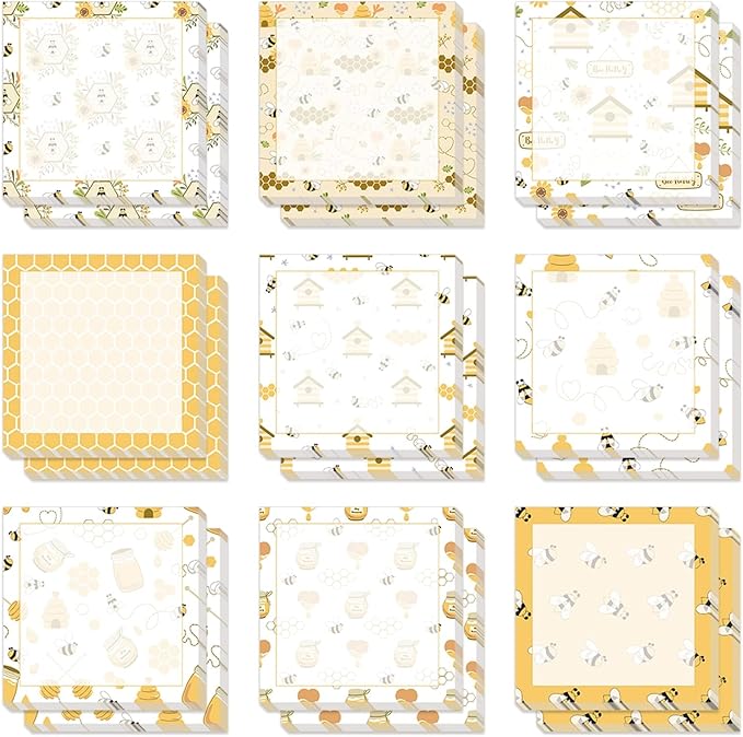 18 Pieces Bee Sticky Notes Adhesive Bee Memo Notes Self-Stick Note Pads for School Office Home Supplies Students Teachers Presents, 9 Styles