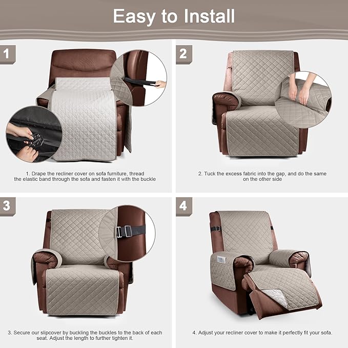 KinCam 100% Waterproof Recliner Chair Cover, Reclining Couch Covers for Pets, Dogs, Recliner Couch Slipcover Furniture Protector with Elastic Straps for Kids(28", Khaki)