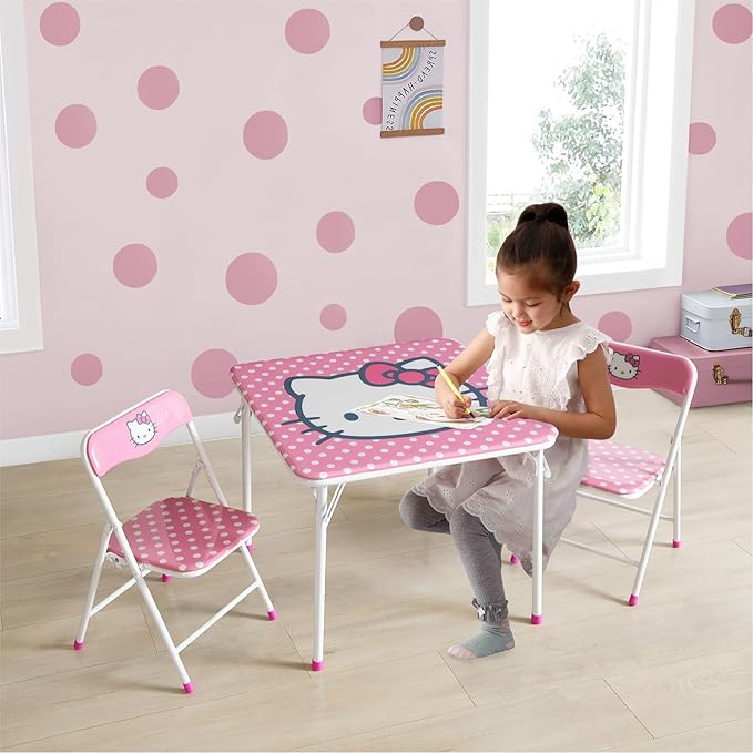 Idea Nuova Sanrio Hello Kitty 3 Piece Children's Activity Square Table and 2 Folding Chairs Set, Ages 3+