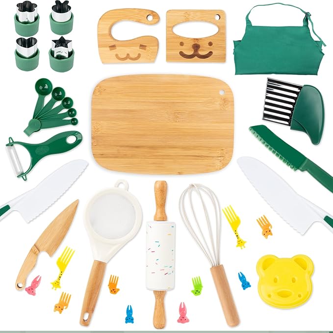 20 PCS Kids Safe Knife Set for Real Cooking, Montessori Kitchen Tools for Toddlers, Cooking & Baking Set for Kids Little Chefs, Kids Kitchen Knife Set, Crinkle Cutter, Kids Apron for Girls Boys