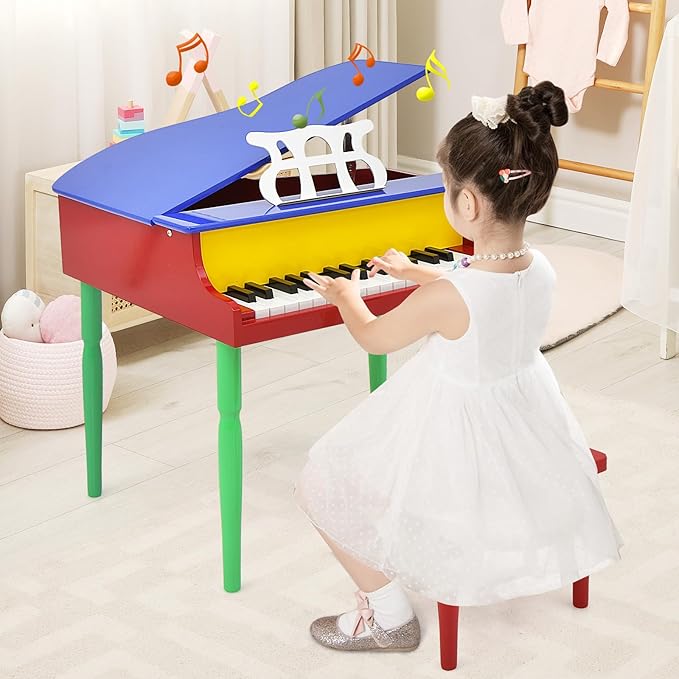 Goplus 30-Key Classical Kids Piano, Mini Grand Piano Wooden Learn-to-Play Musical Instrument Toy with Bench, Piano Lid, Music Rack, Gift for Boys Girls Aged 3+ Baby Toddler (4 Straight Leg-Colorful)