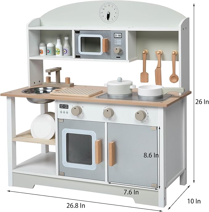 Kids White Wooden Play Kitchen Sink Microwave Oven Stoves Cabinet Shelf Interactive Turning Knob Clock Little Chef Storage Kitchenware Plates Pans Cutting Board Spice Bottles Knife Spatula