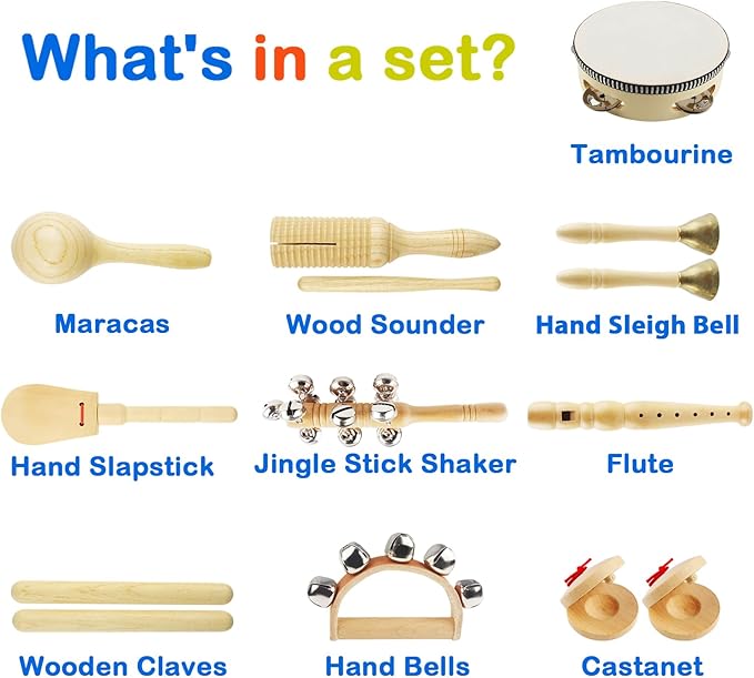 Chriffer Kids Musical Instruments Toys, Percussion Instruments Set with Storage Bag, Preschool Educational Music Toys for Boys Girls, Natural Eco-Friendly Wooden Music Set (10pcs)