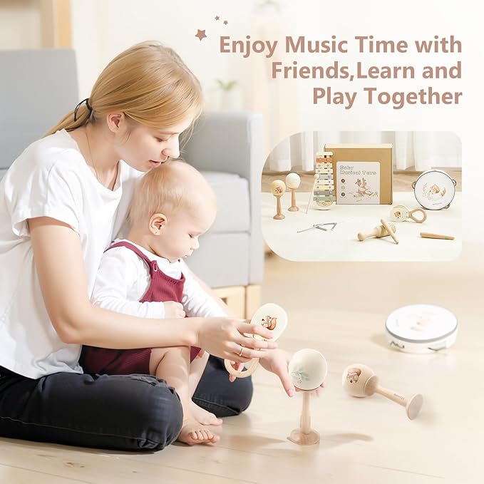 Baby Musical Instruments Set | Montessori Musical Toys for Toddlers 1-3 | Wooden Neutral Colors Percussion Instruments Set with Modern Boho Xylophone | Kids Preschool Educational Birthday Gifts