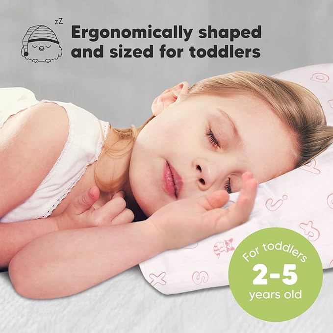 Toddler Pillow with Pillowcase - 13x18 My Little Dreamy Pillow, Organic Cotton Toddler Pillows for Sleeping, Kids Pillow, Travel Pillows,Mini Pillow,Nursery Pillow,Toddler Bed Pillow (ABC Land Rose)