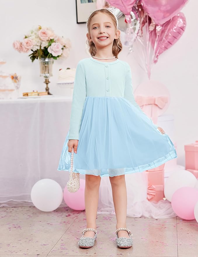 Arshiner Toddler Girls Tutu Dress Long Sleeve Fall Winter Button Front Party Tulle Dresses 2-8Y