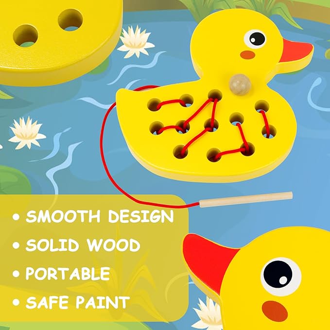 Sealive Wooden Lacing Toys for Toddlers, Educational and Learning Montessori Fine Motor Skill Toys, Perfect Toddler Travel Toys, Early Learning Development for Kids (Duck)