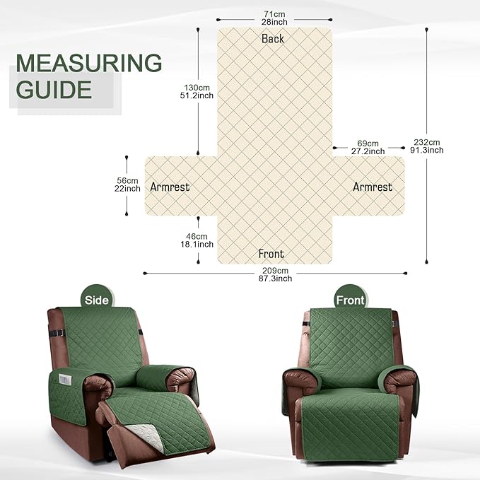 KinCam 100% Waterproof Recliner Chair Cover, Reclining Couch Covers for Pets, Dogs, Recliner Couch Slipcover Furniture Protector with Elastic Straps for Kids(28", Vine Green)