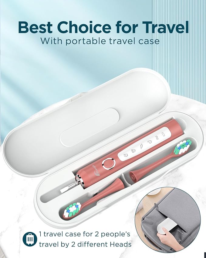 Rtauys M5 Sonic Electric Toothbrush for Adults and Kids - Rechargeable Electric Toothbrush Kids Ages 12+ and Adults with 8 Brush Heads & Travel Case, 120 Days Battery Life - Rosered